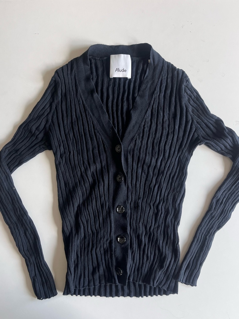 Allude Cashmere Black Ribbed Button-Front Cardigan Sweater